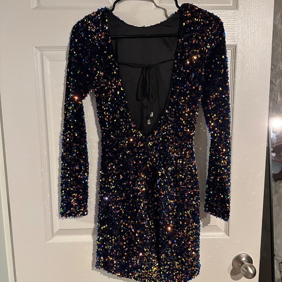 Blue Multi Color Sequin Long Sleeve Dress - Picture 5 of 7
